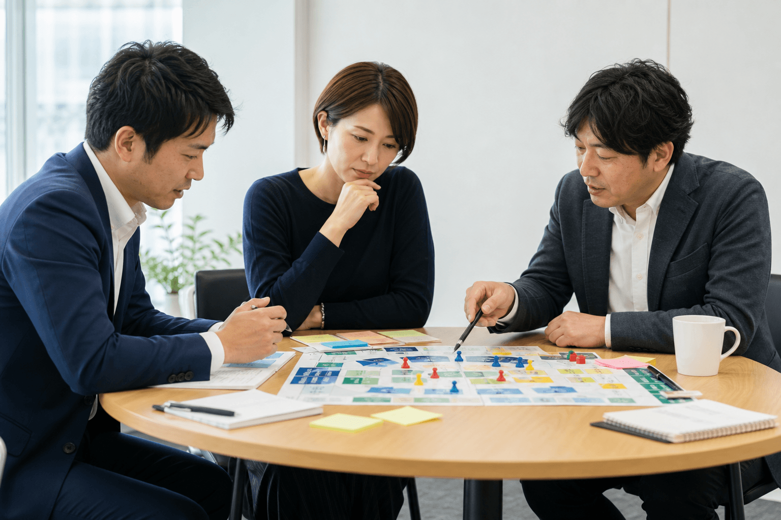シミュレーション盤を囲み、意見を交わす変革推進者たちの様子
